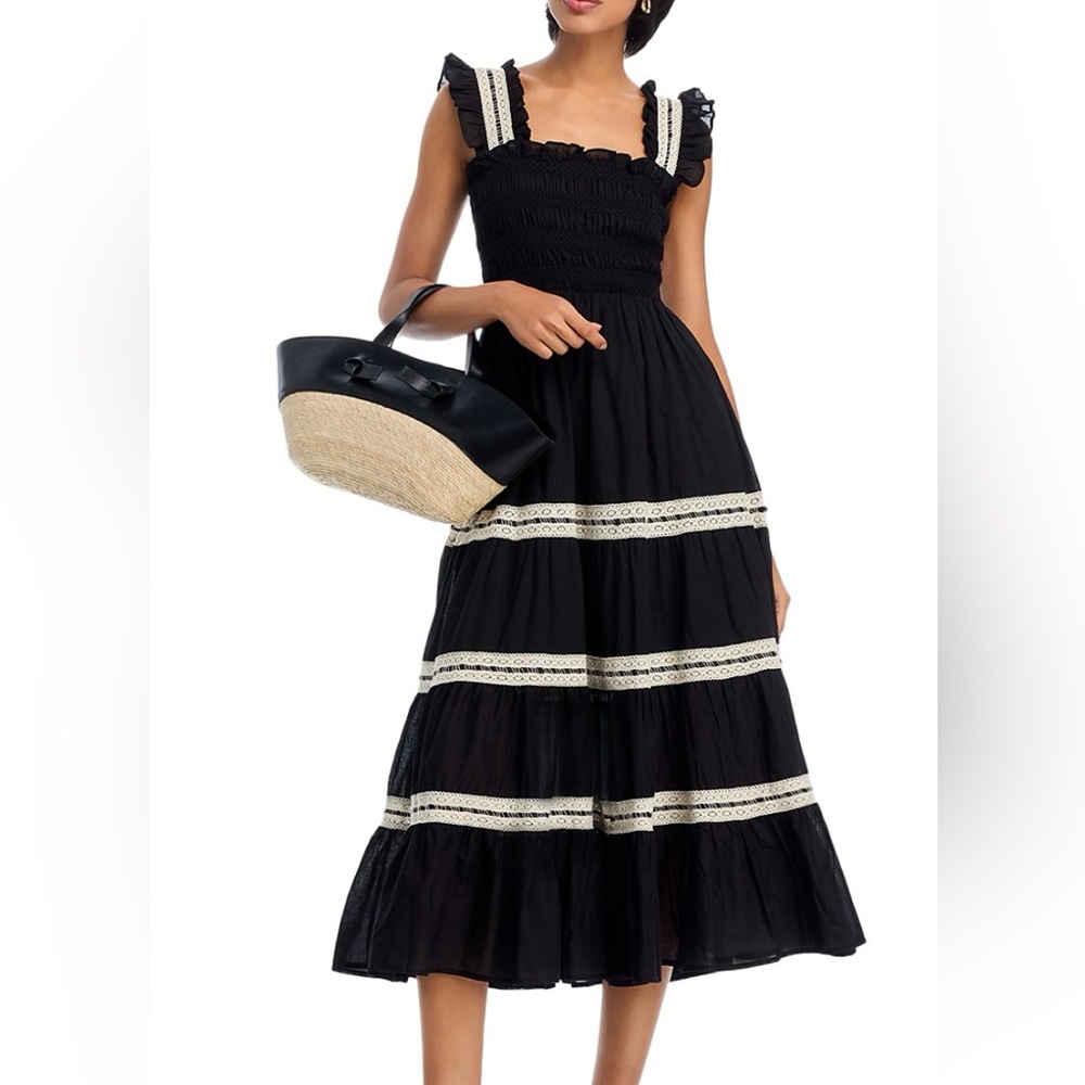 AQUA Elegant Smocked Lace Inset Midi Dress